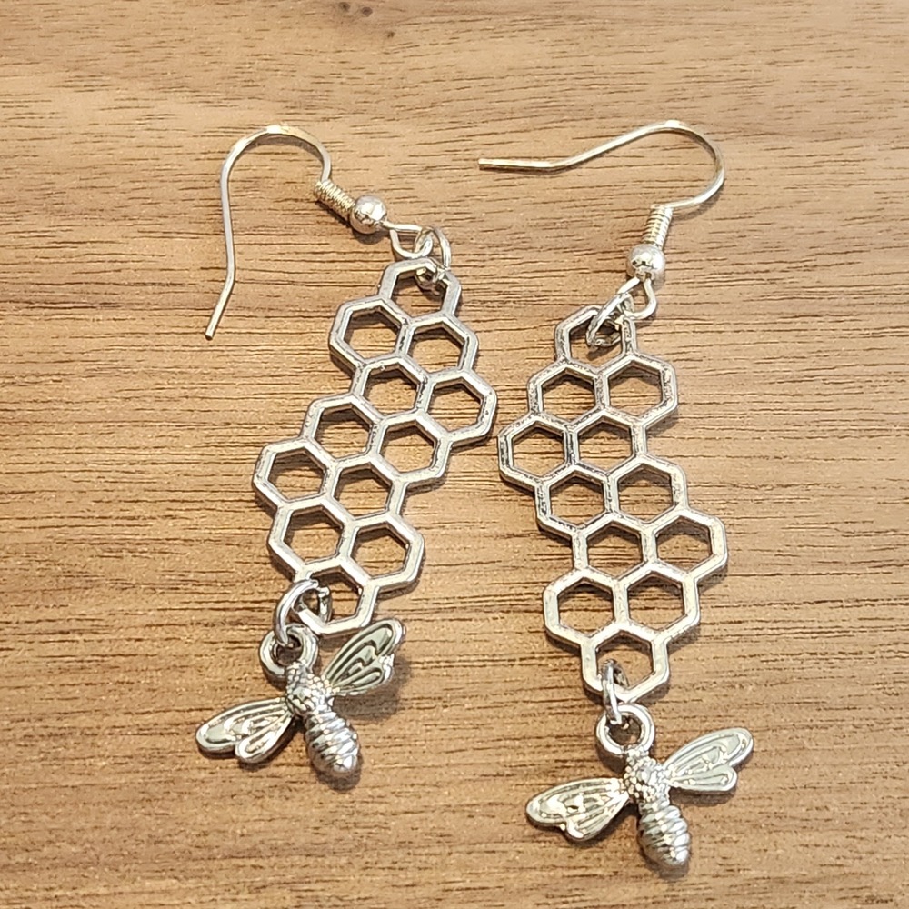 Silver Honeycomb Bee Dangle Earrings Nature Inspired Geometric Drop Jewelry